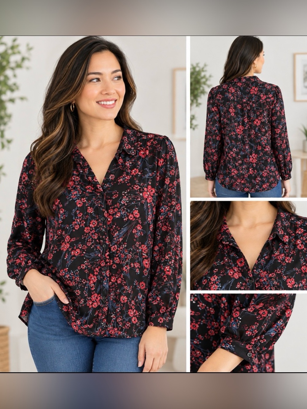 Nine West Black & Red Floral Blouse Large